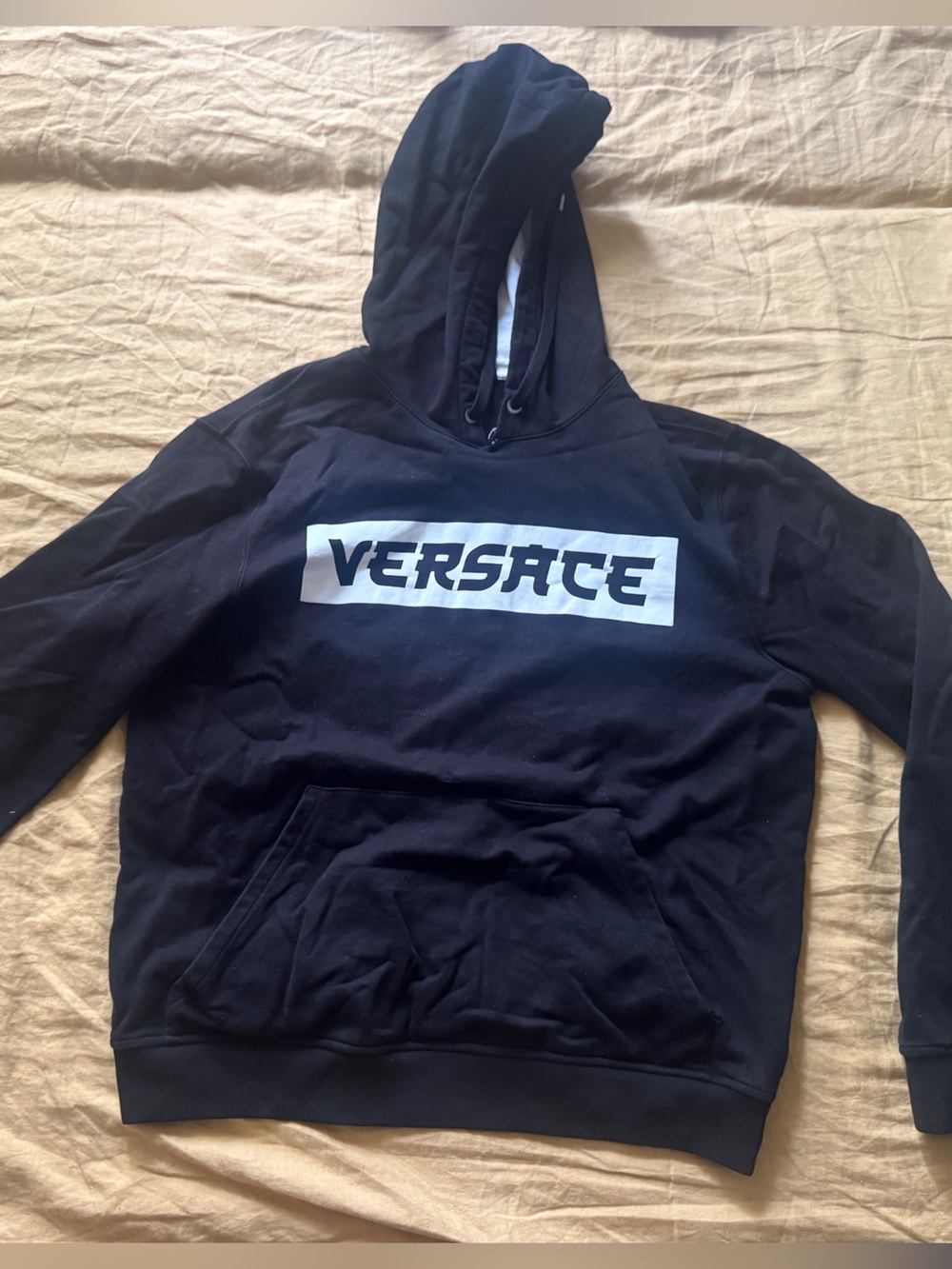 Versace Black Hooded Zip-Up Sweatshirt with White Logo Panel